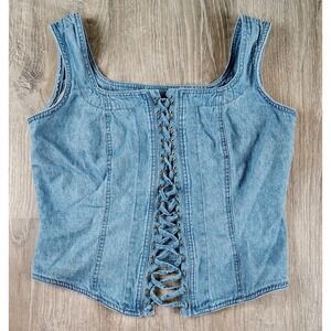 Styleworks Womens Sz 10 Denim Lace Front Corset Sleeveless Tank Y2K Zip